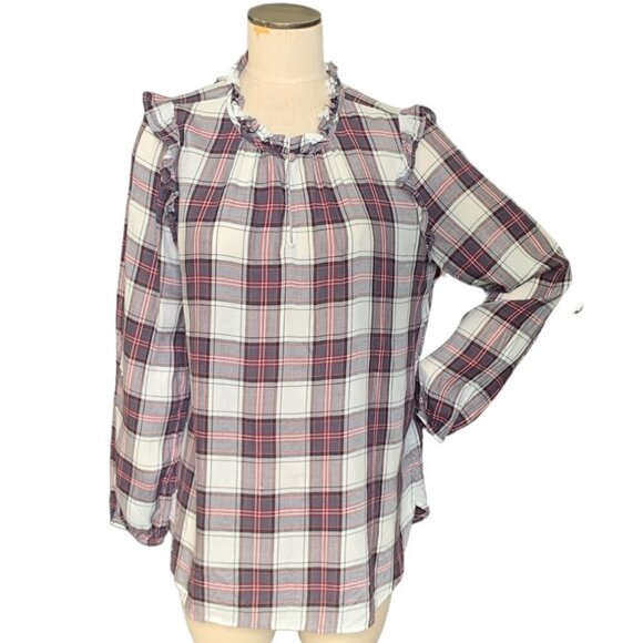 Loft Plaid Long Sleeve Blouse Ruffle Neck & Shoulder Sz L #125D - Picture 3 of 9